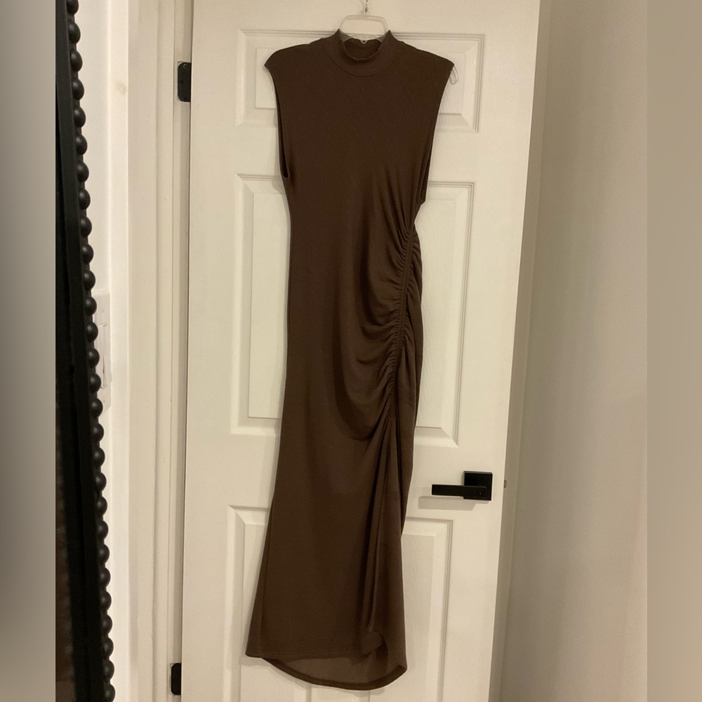 Anthropologie brand Sundry Brown Ruched fleece cotton cozy Dress